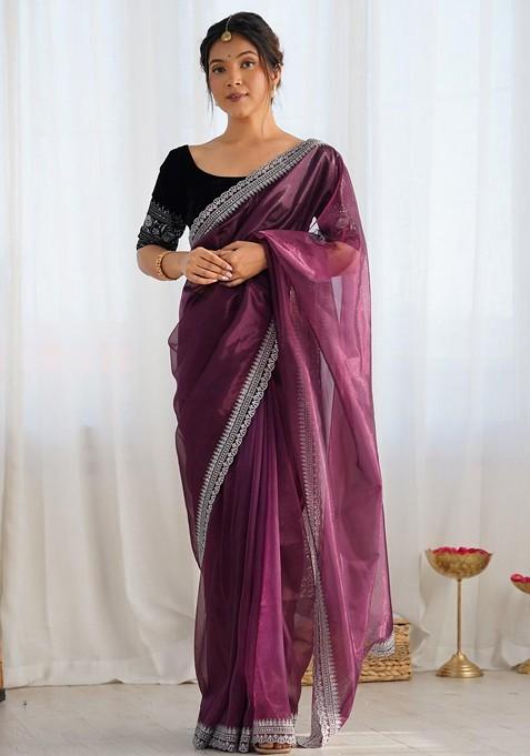 Purple Embroidered Blended Saree Set