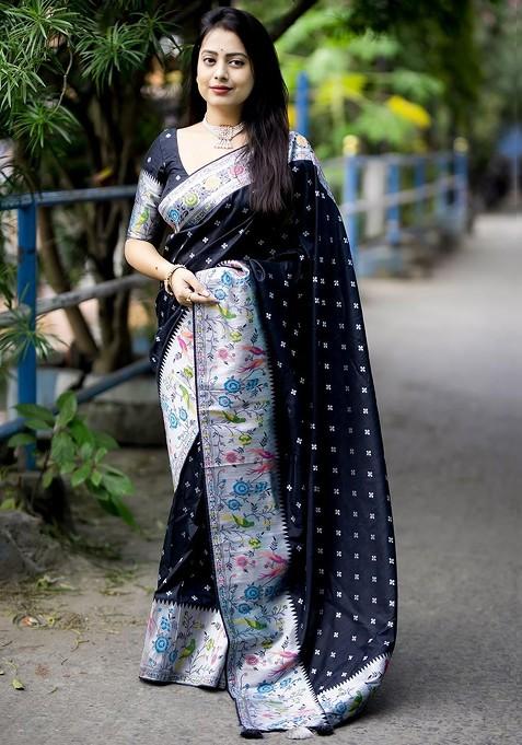 Black Embroidered Blended Saree Set