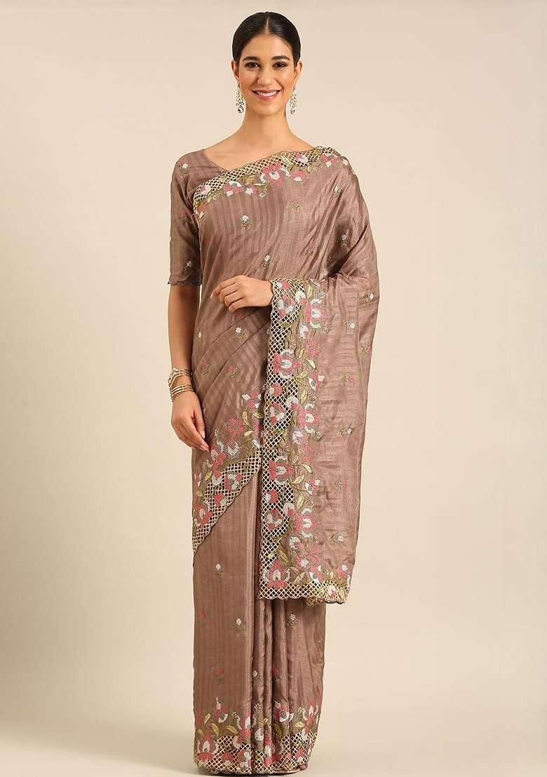 Brown Embroidered Blended Saree Set for Diwali and Festive Wear - Indya