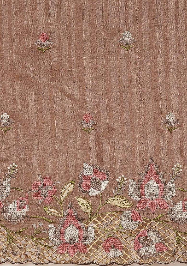 Brown Embroidered Blended Saree Set for Diwali and Festive Wear - Indya