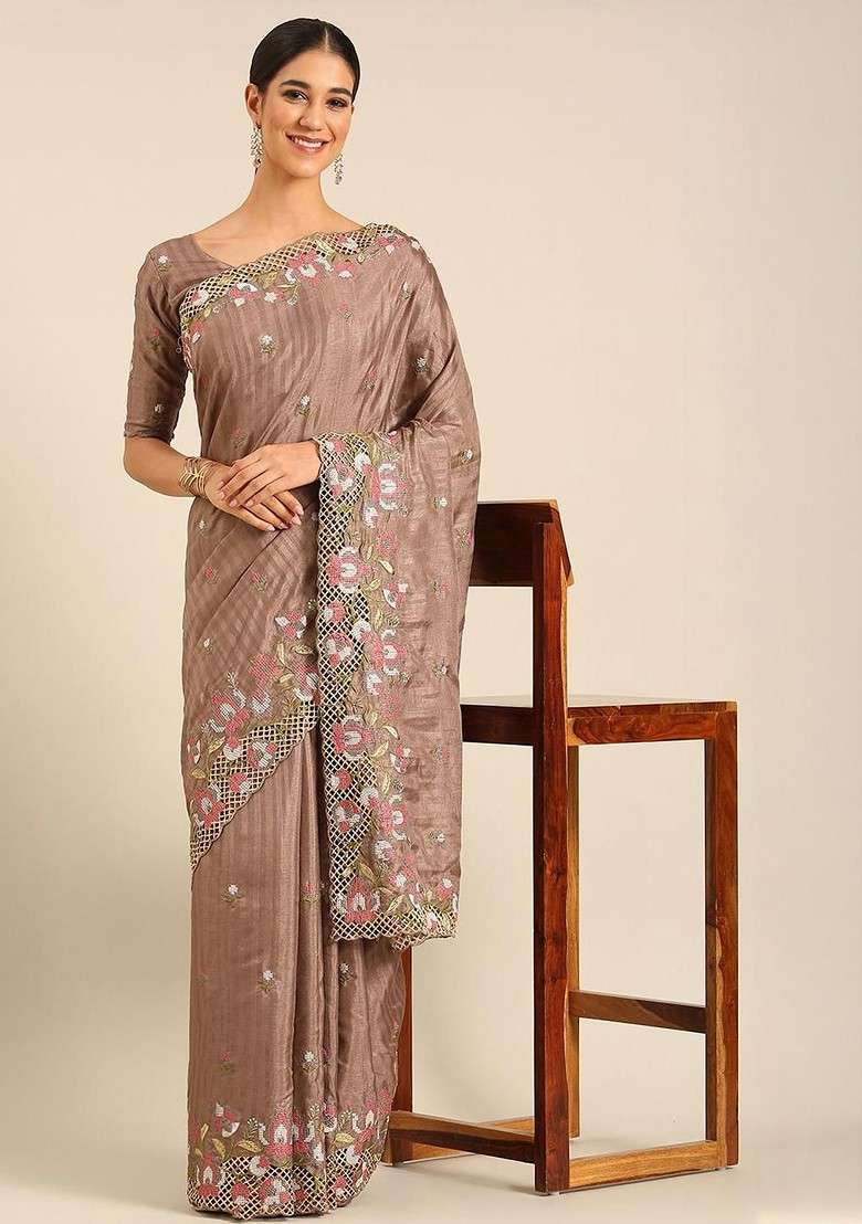 Brown Embroidered Blended Saree Set for Diwali and Festive Wear - Indya