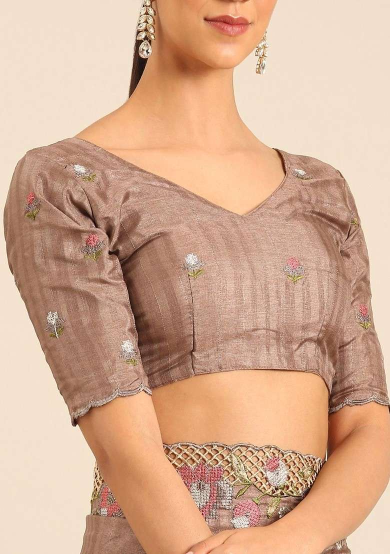 Brown Embroidered Blended Saree Set for Diwali and Festive Wear - Indya