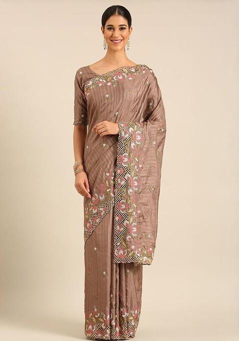 Brown Embroidered Blended Saree Set — view on Indya