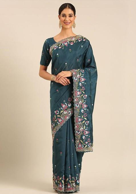 Teal Printed Blended Saree Set — view on Indya