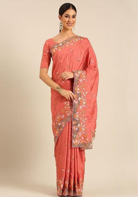 Peach Embroidered Blended Saree Set