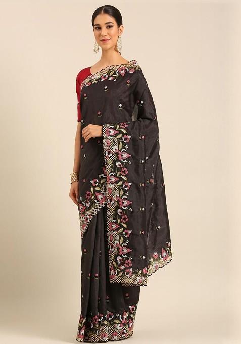 Black Embroidered Blended Saree Set