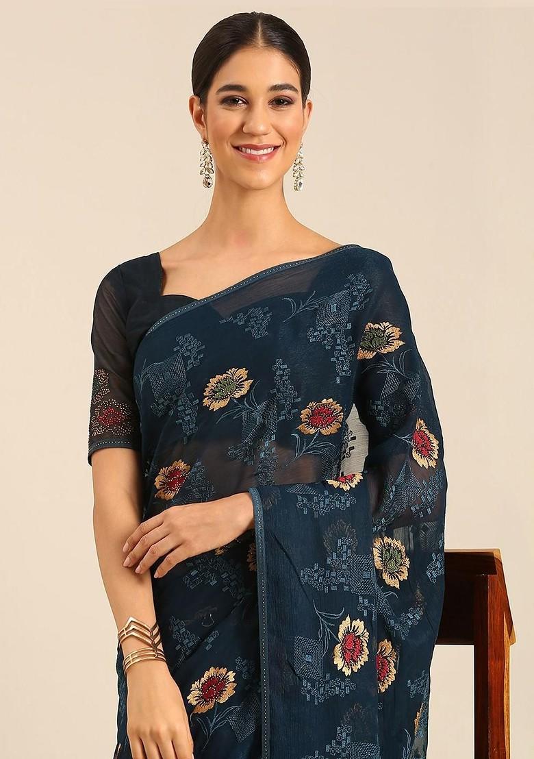 Blue Embellished Blended Saree Set