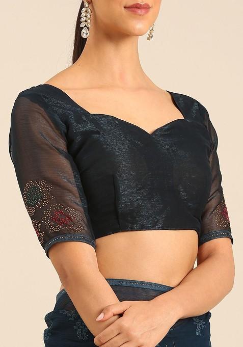 Blue Embellished Blended Saree Set