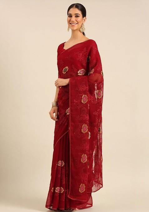 Maroon Embroidered Blended Saree Set — view on Indya