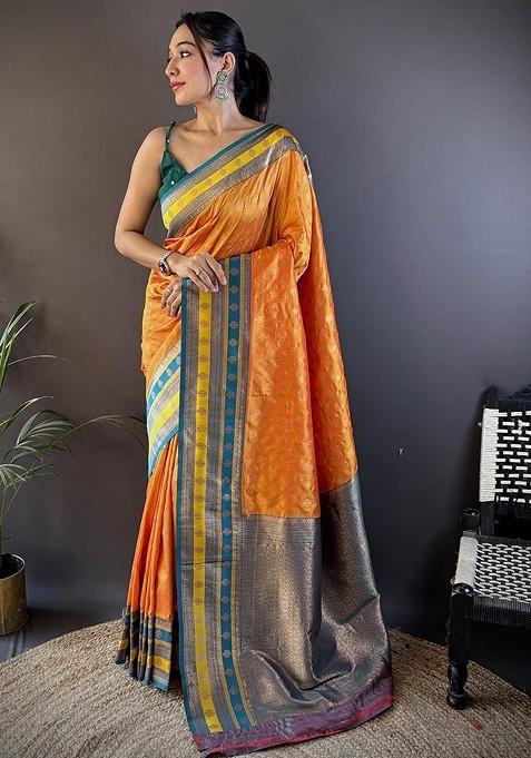 Orange Embroidered Blended Saree Set — view on Indya