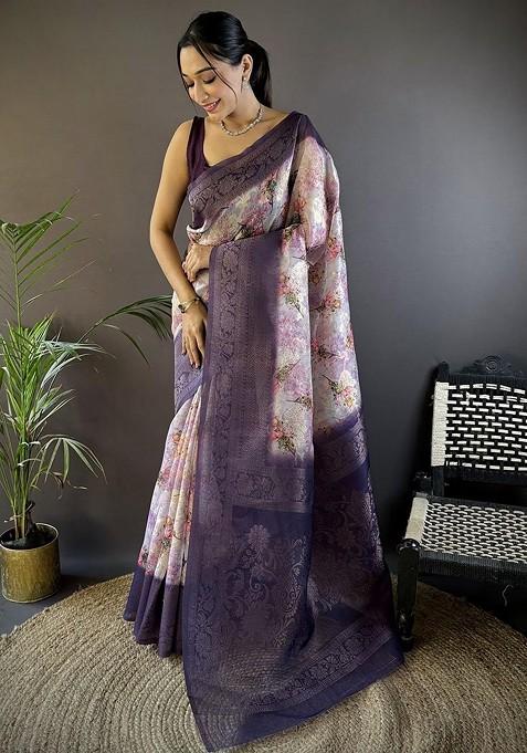 Purple Printed Blended Saree Set