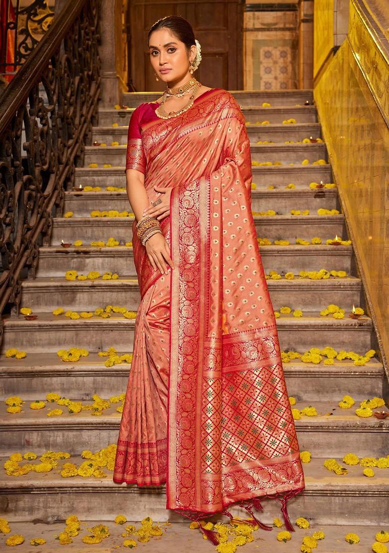 Peach Jacquard Blended Saree Set