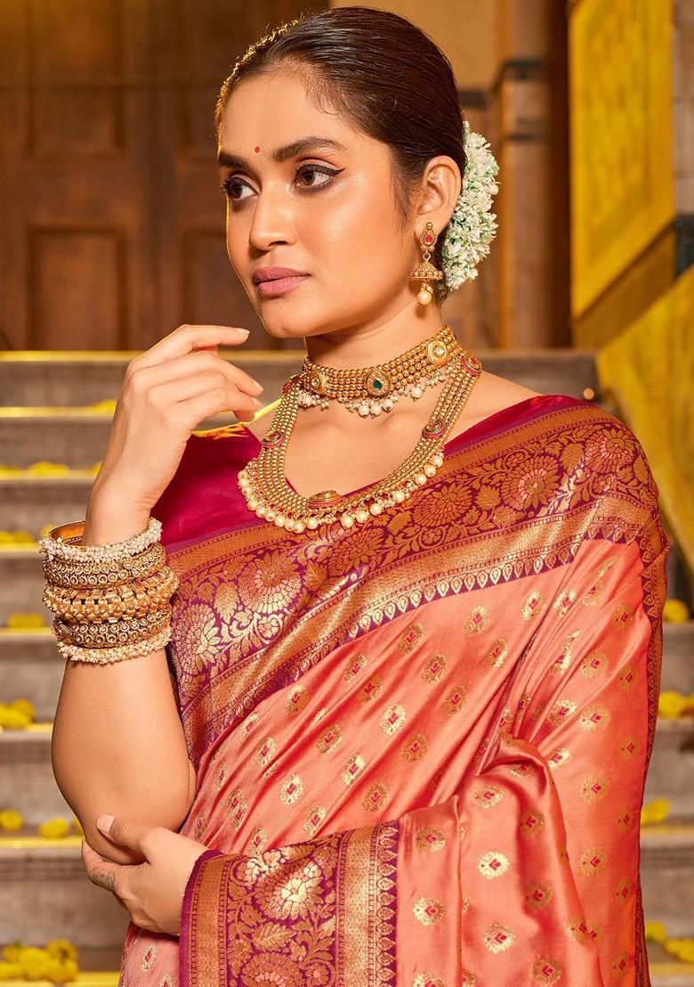 Peach Jacquard Blended Saree Set