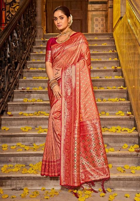 Peach Jacquard Blended Saree Set