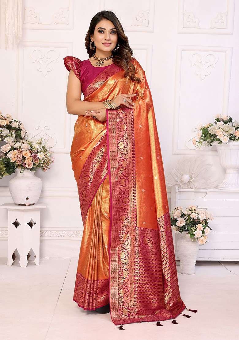 Orange Embellished Blended Saree Set for Diwali and Festive Wear - Indya