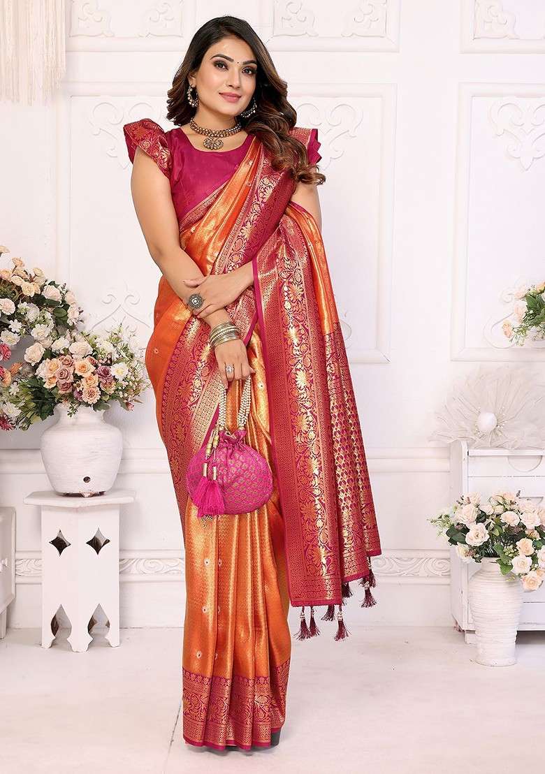 Orange Embellished Blended Saree Set for Diwali and Festive Wear - Indya