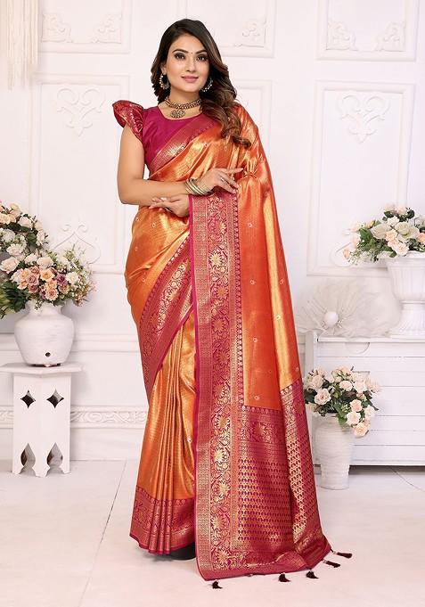 Orange Embellished Blended Saree Set — view on Indya
