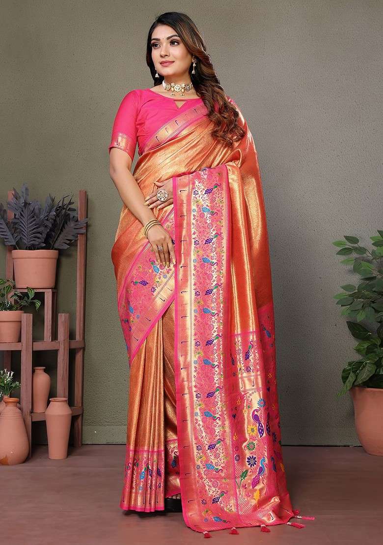 Orange Blended Saree Set with Embroidered for Diwali | Wedding & Festive Wear - Indya