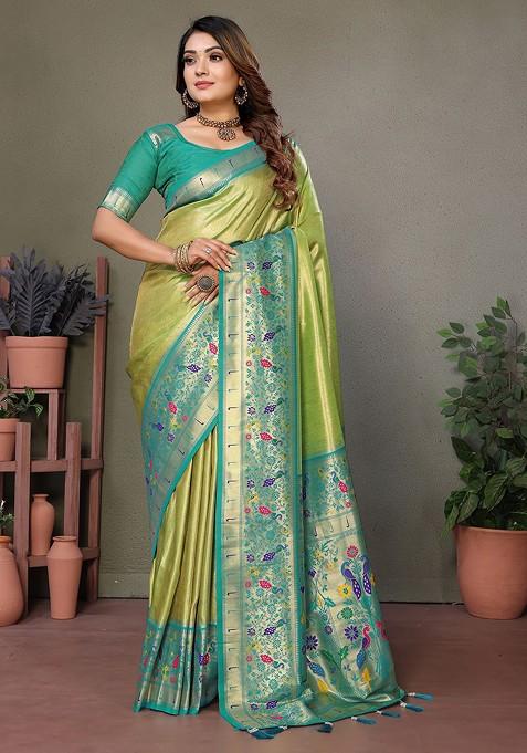 Green Embroidered Blended Saree Set