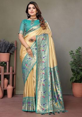 Beige Embroidered Blended Saree Set
