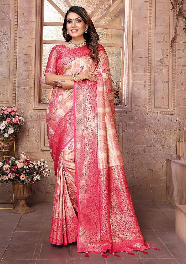 Peach Embroidered Blended Saree Set