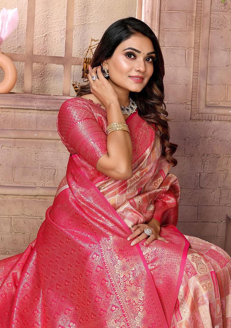 Peach Embroidered Blended Saree Set