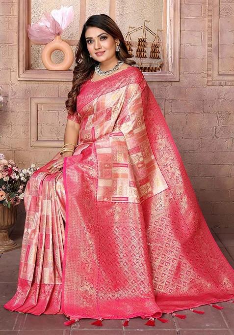 Peach Embroidered Blended Saree Set