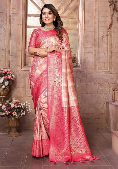 Peach Embroidered Blended Saree Set