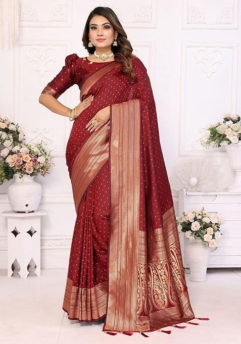 Maroon Embroidered Blended Saree Set — view on Indya