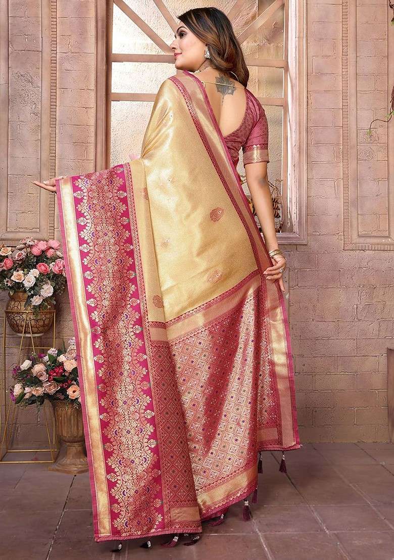 Beige Blended Saree Set with Embroidered for Diwali | Wedding & Festive Wear - Indya