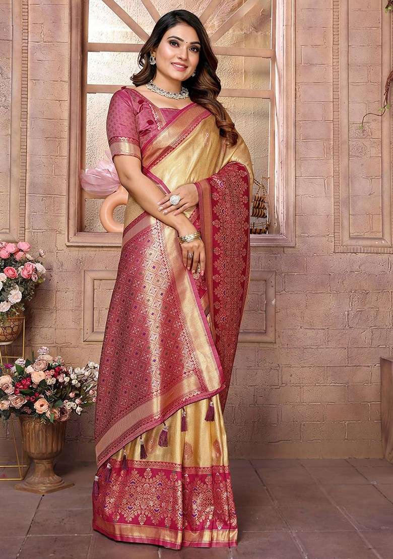 Beige Blended Saree Set with Embroidered for Diwali | Wedding & Festive Wear - Indya