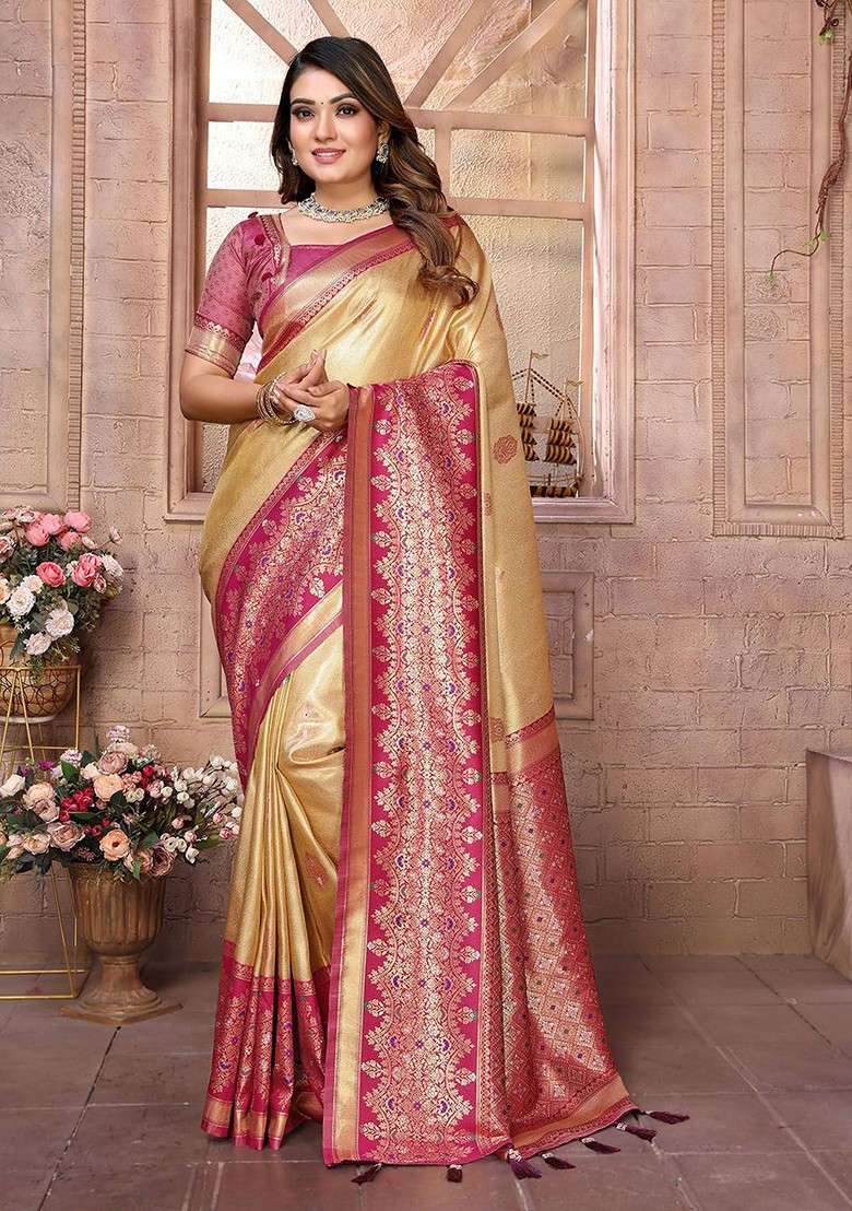 Beige Blended Saree Set with Embroidered for Diwali | Wedding & Festive Wear - Indya
