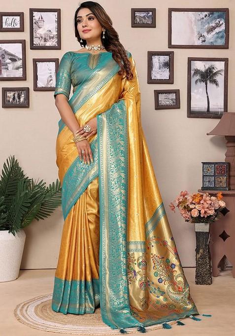Yellow Jacquard Blended Saree Set — view on Indya
