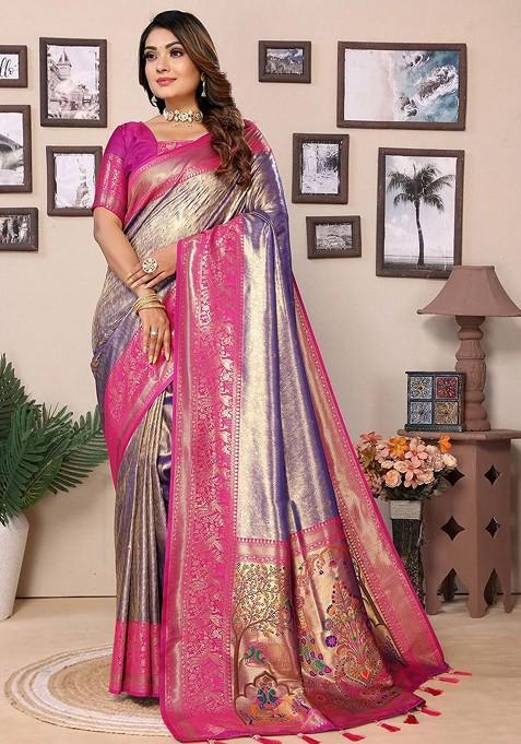 Purple Embroidered Blended Saree Set