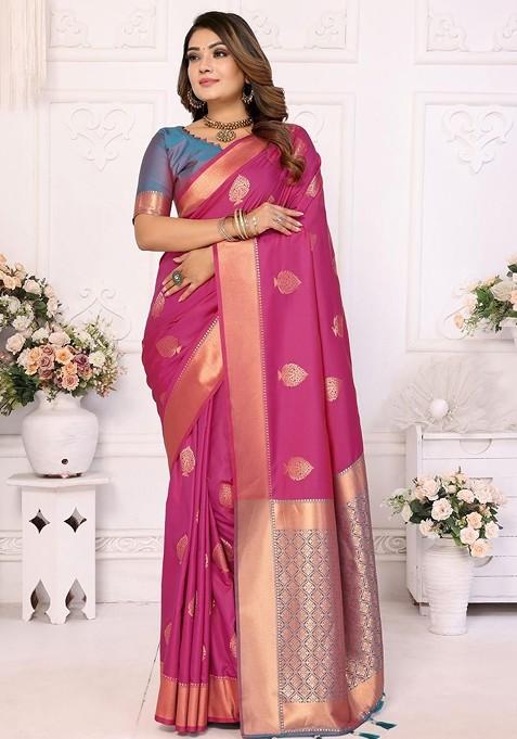Pink Embroidered Blended Saree Set