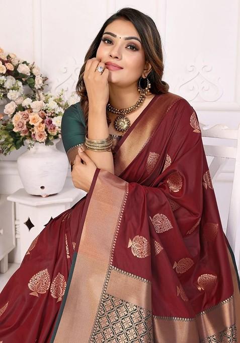 Maroon Embroidered Blended Saree Set — view on Indya