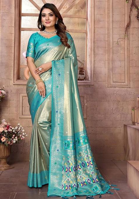Blue Jacquard Blended Saree Set — view on Indya