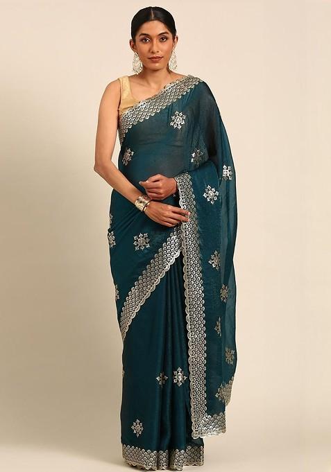 Teal Embellished Blended Saree Set — view on Indya
