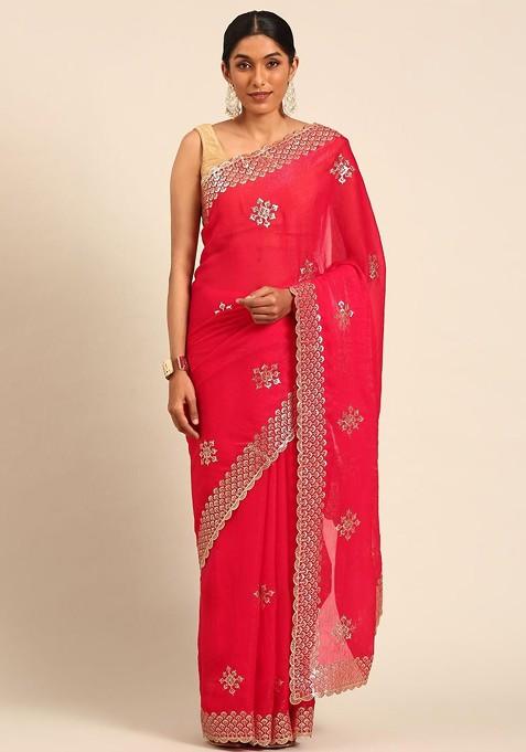Red Embroidered Blended Saree Set — view on Indya