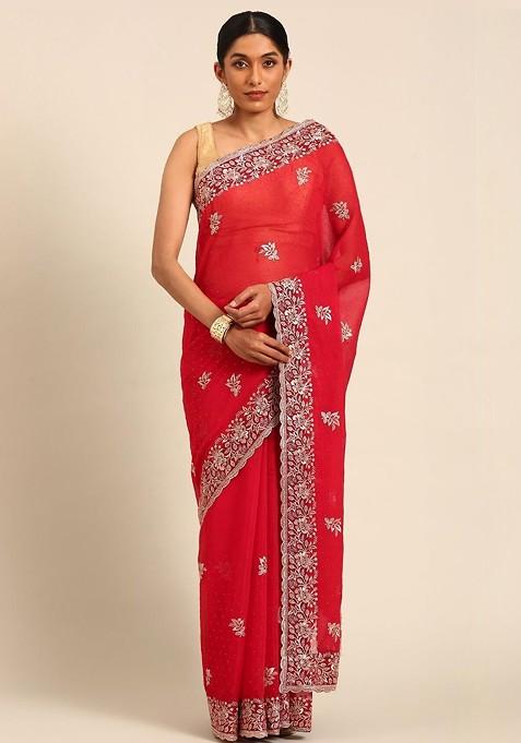Red Embroidered Blended Saree Set — view on Indya