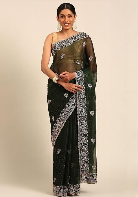 Black Embellished Blended Saree Set — view on Indya
