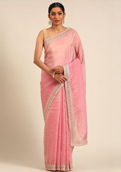 Pink Embroidered Blended Saree Set