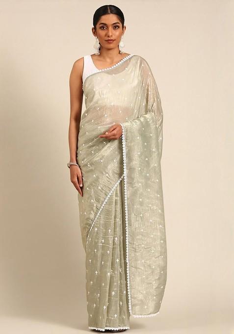 Green Embroidered Blended Saree Set