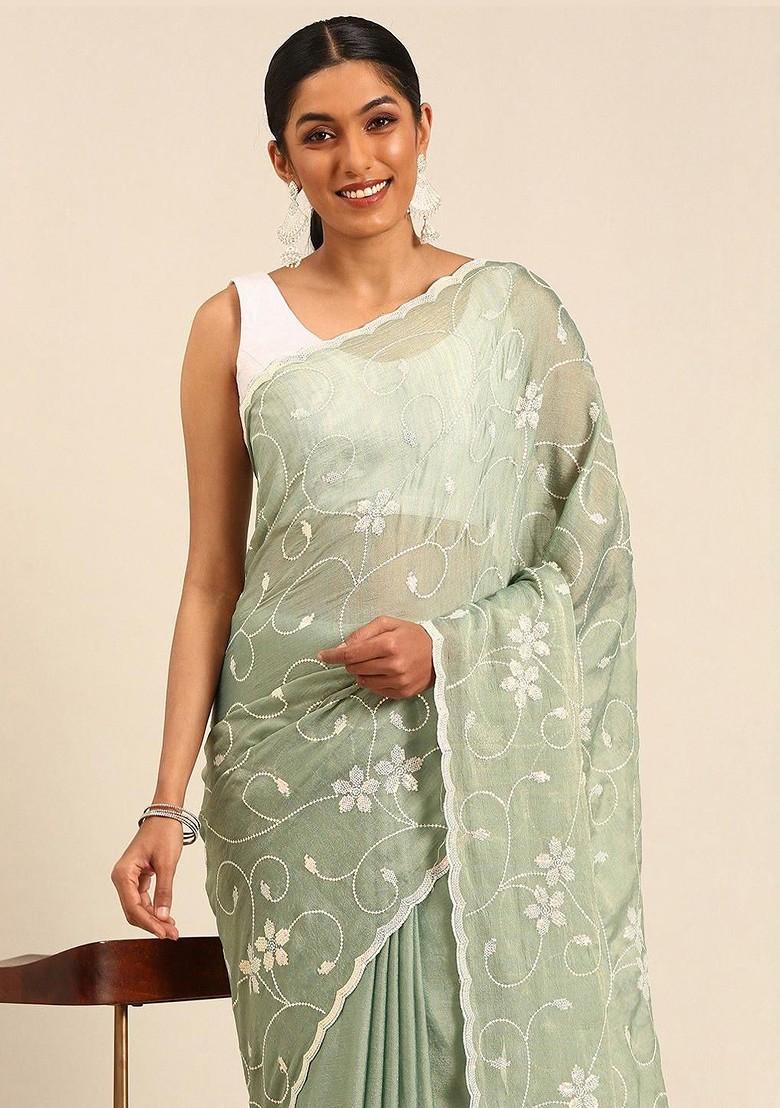 Green Sequin Embellished Blended Saree Set