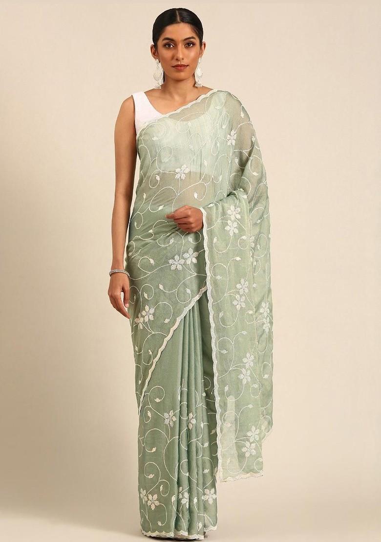 Green Sequin Embellished Blended Saree Set