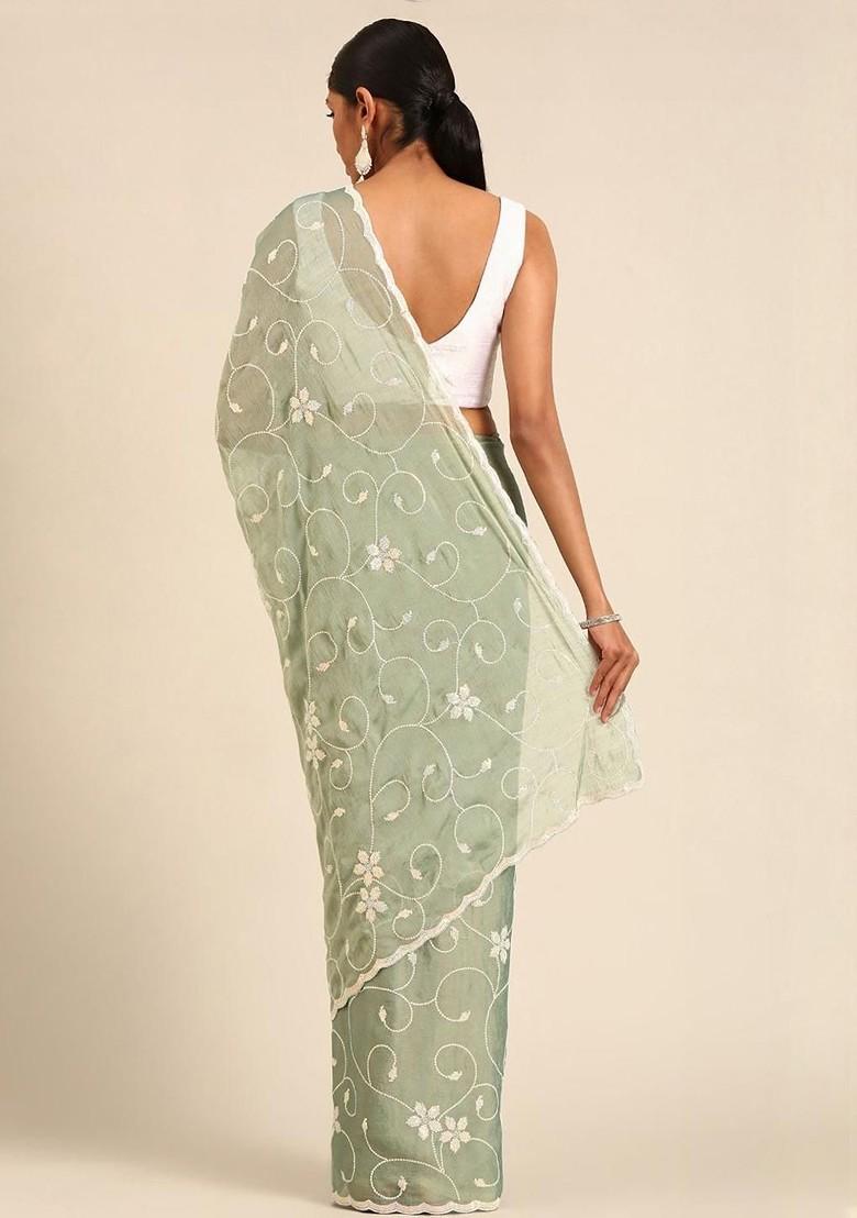 Green Sequin Embellished Blended Saree Set