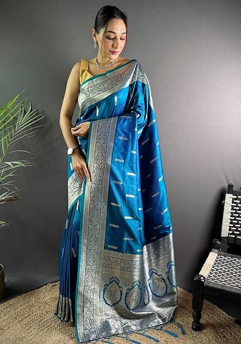 Blue Embroidered Blended Saree Set — view on Indya