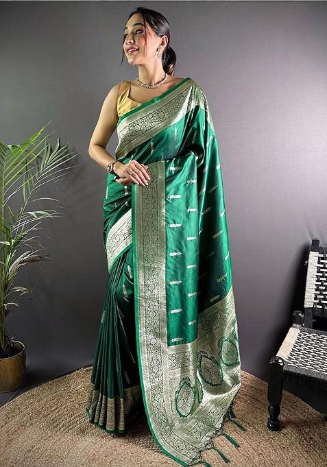 Green Jacquard Blended Saree Set — view on Indya