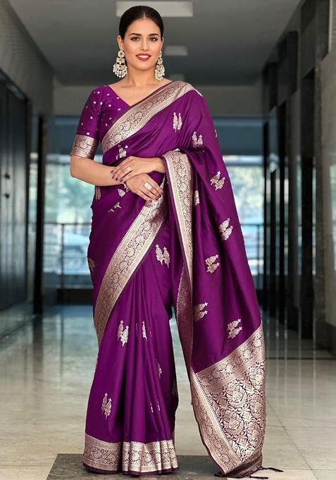 Purple Jacquard Blended Saree Set — view on Indya