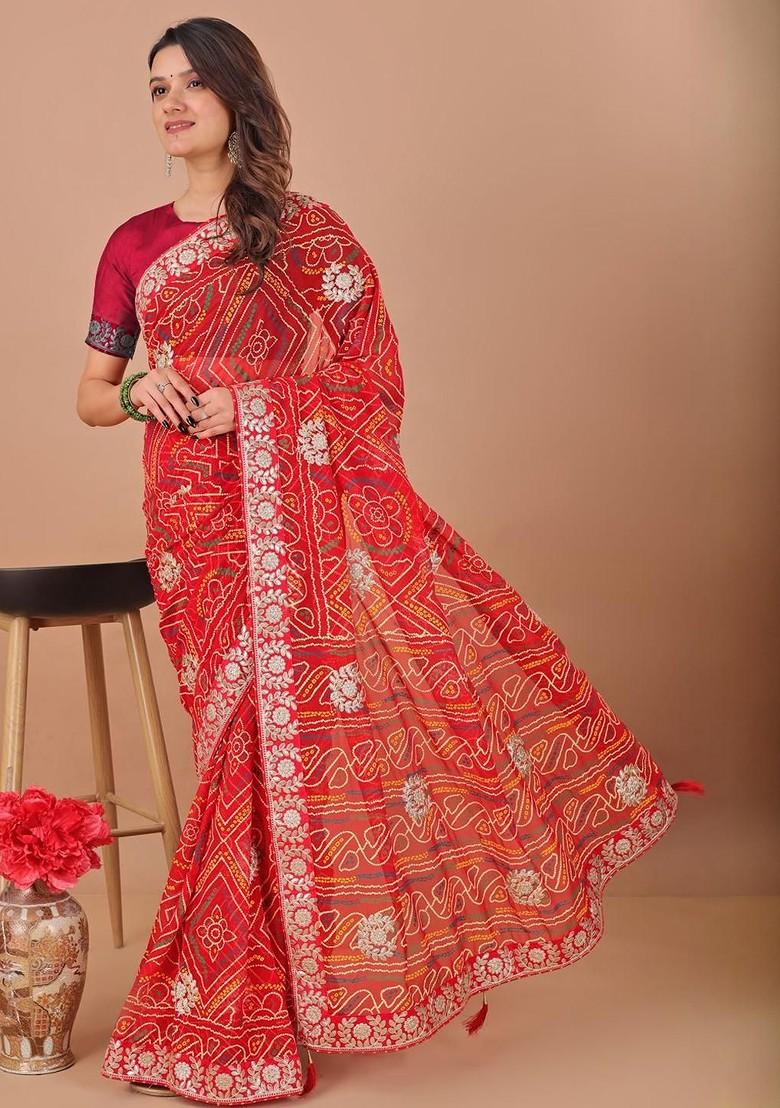 Red Printed Blended Saree Set